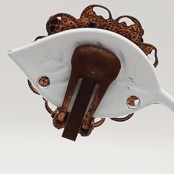 Vintage Goldstone Glass Clip On Earrings Copper Filigree Frame 1960s Style - Picture 6 of 8